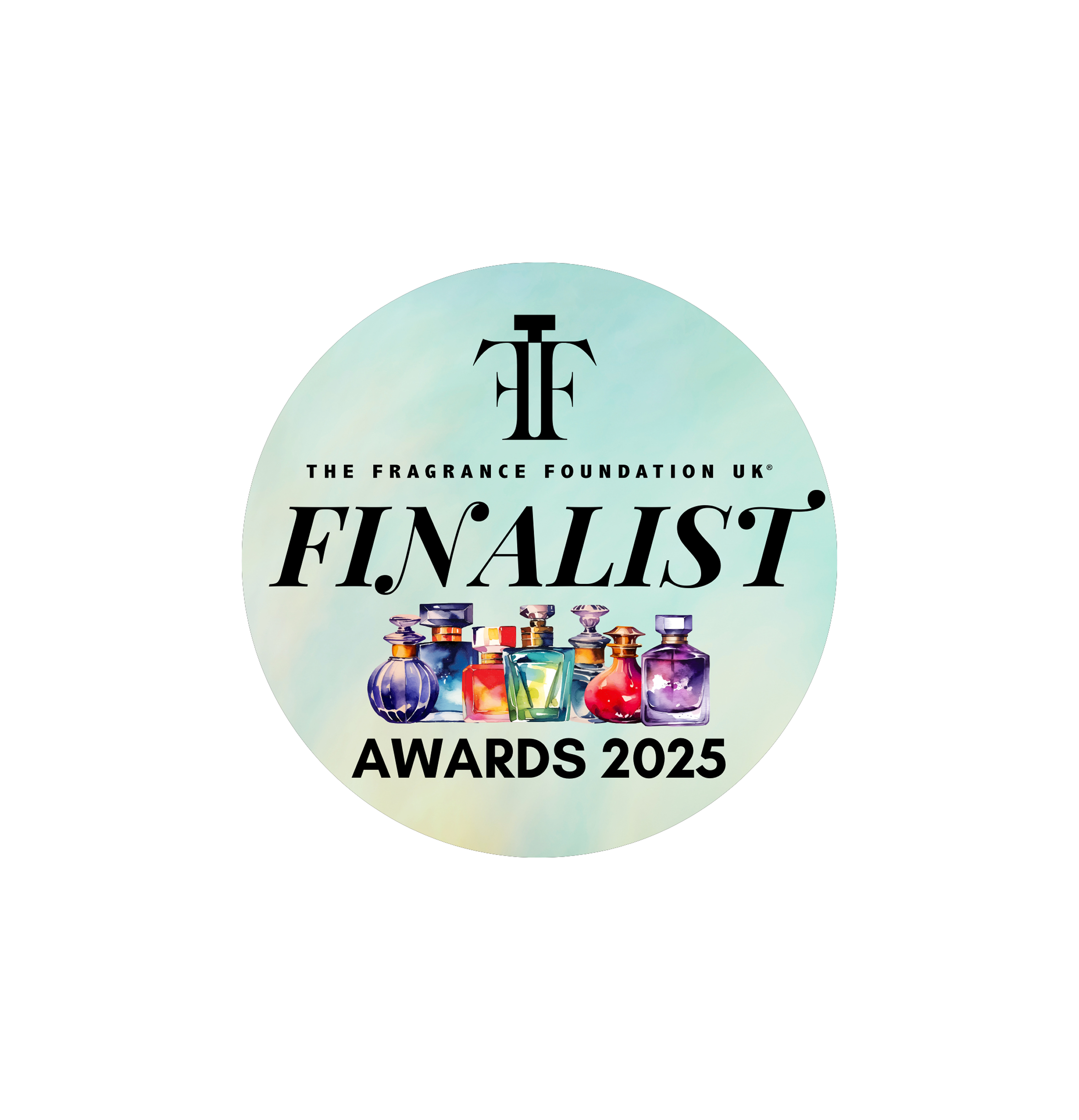 Round logo with "Finalist" text, perfume bottles, and "Awards 2025".