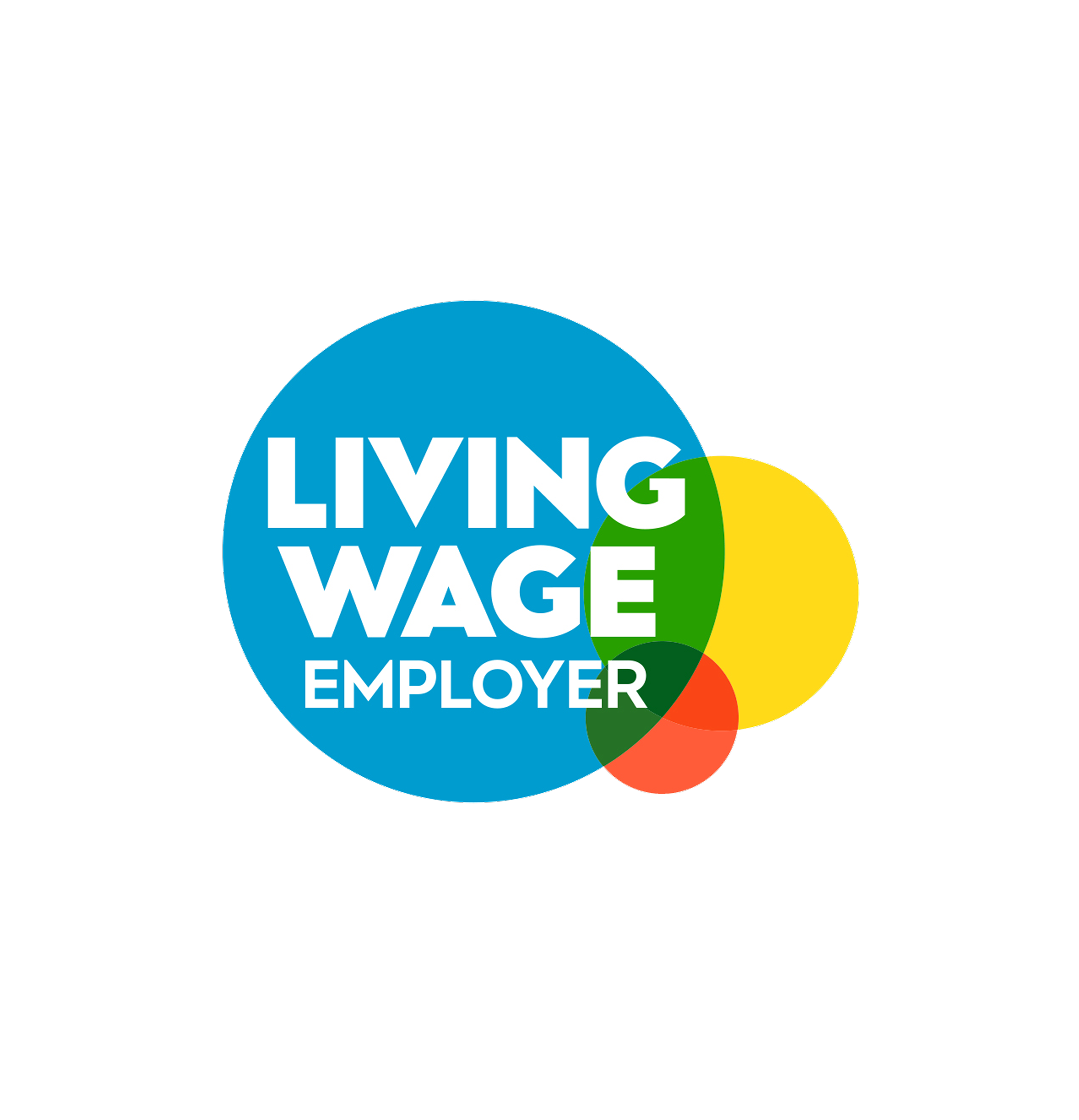 Logo for Living Wage Employer. Features a blue circle with white text "LIVING WAGE EMPLOYER" and overlapping circles.